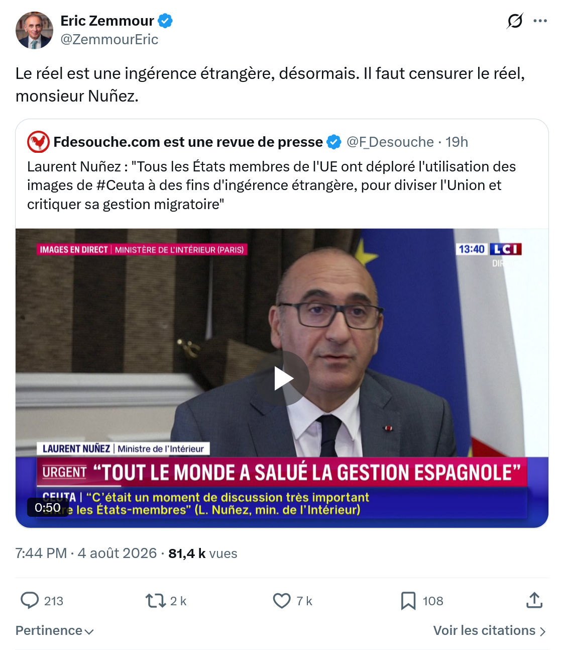 Eric Zemmour: Le réel est une ingérence étrangère...