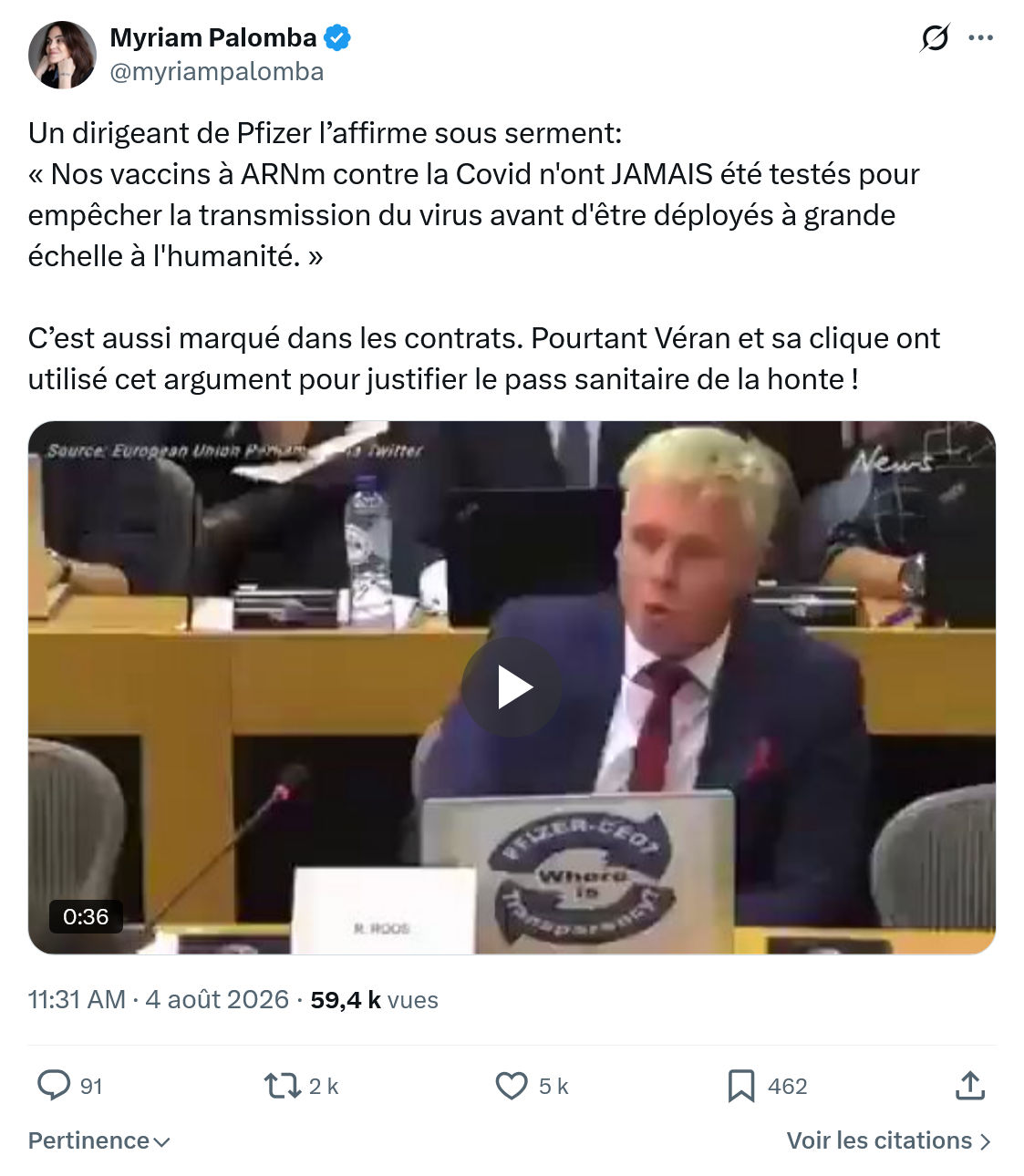 Myriam Palomba: Un dirigeant de Pfizer l’affirme sous serment...