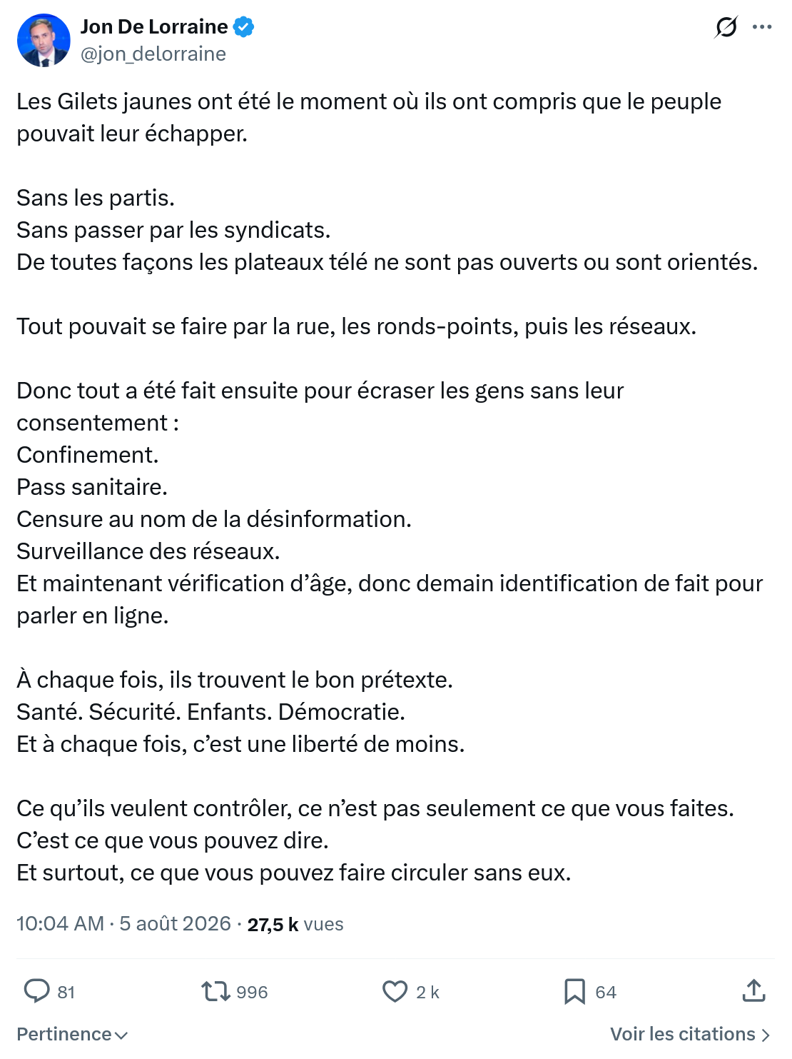 Jon De Lorraine: Les Gilets jaunes ont été le moment...
