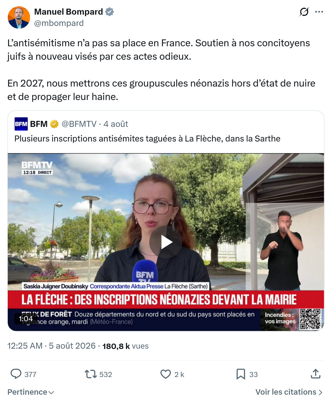 Manuel Bompard: L’antisémitisme n’a pas sa place en France...