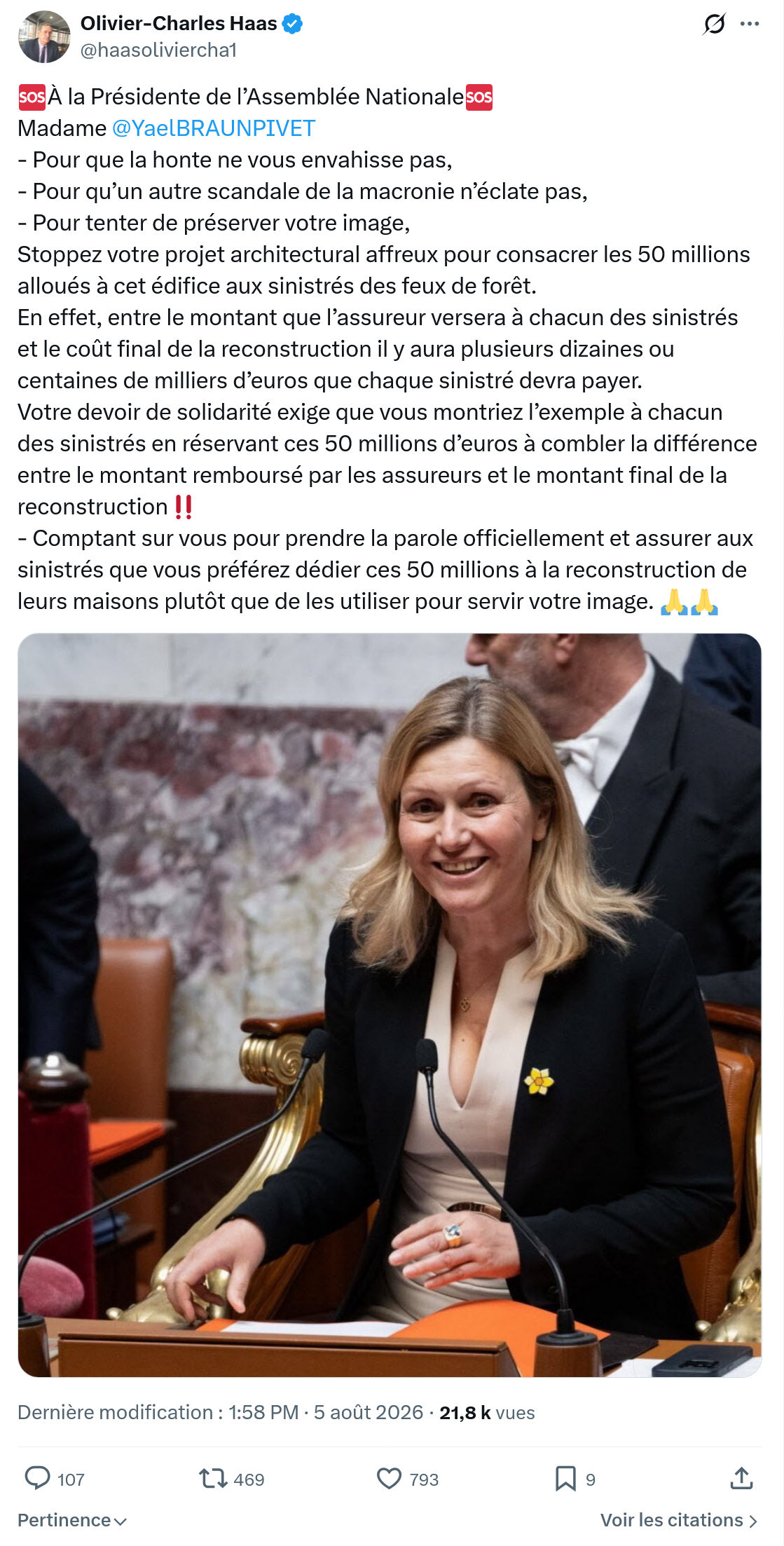 Olivier-Charles Haas: À la Présidente de l’Assemblée Nationale...