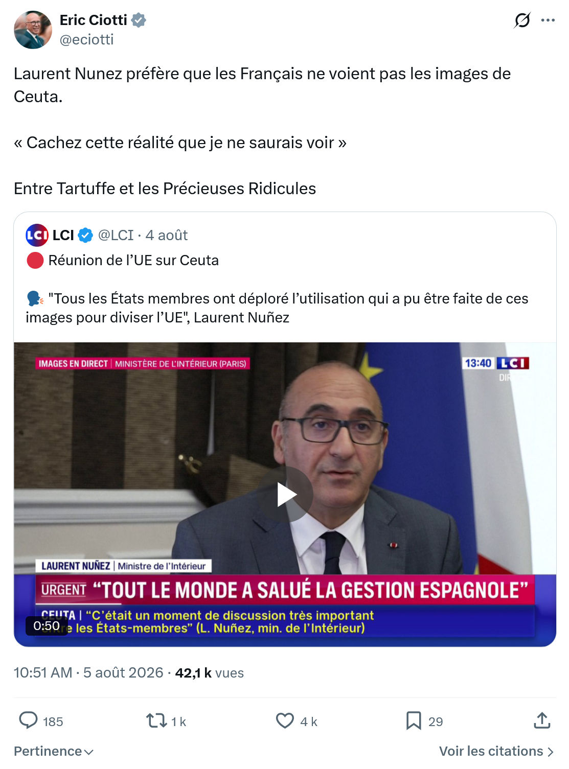 Éric Ciotti: Laurent Nunez préfère que les Français...