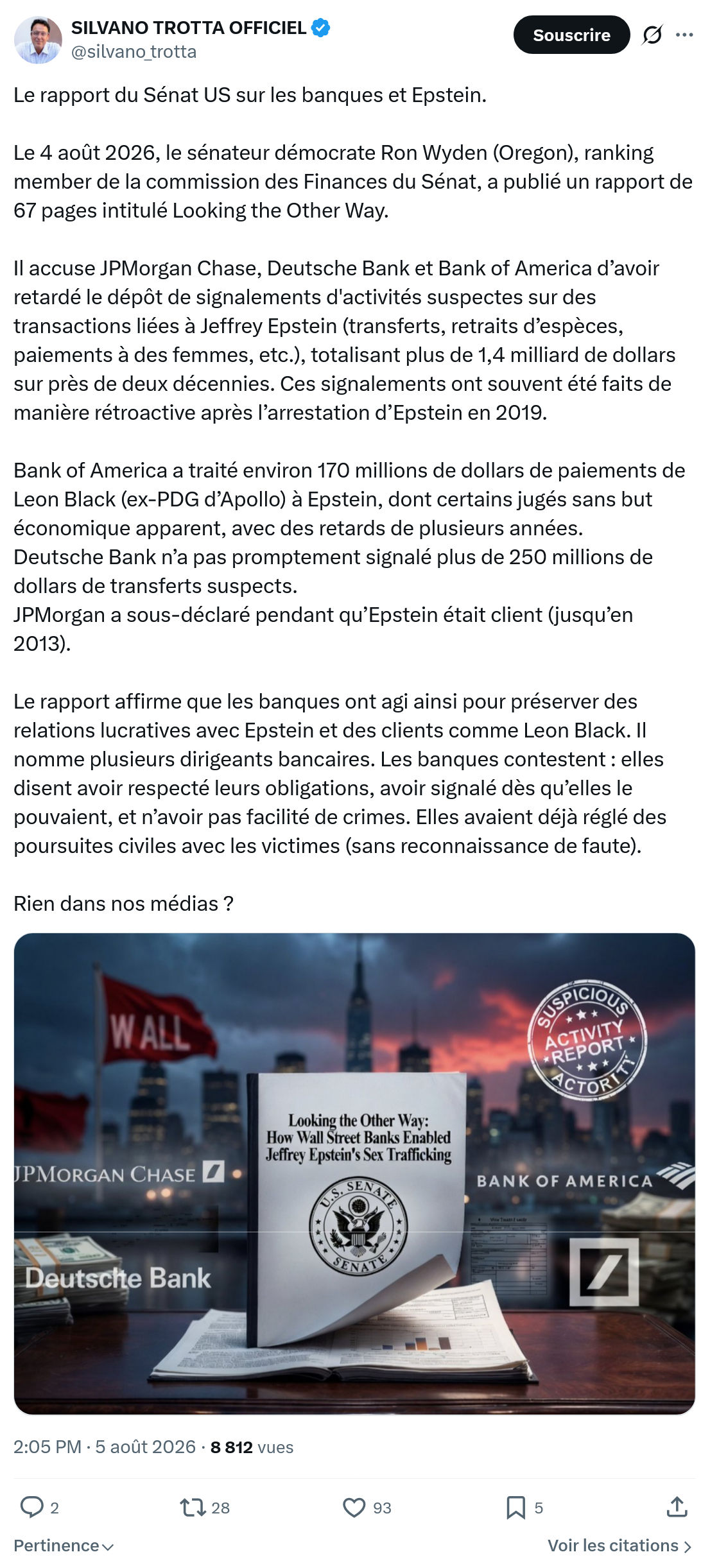Silvano Trotta: Le rapport du Sénat US sur les banques et Epstein...