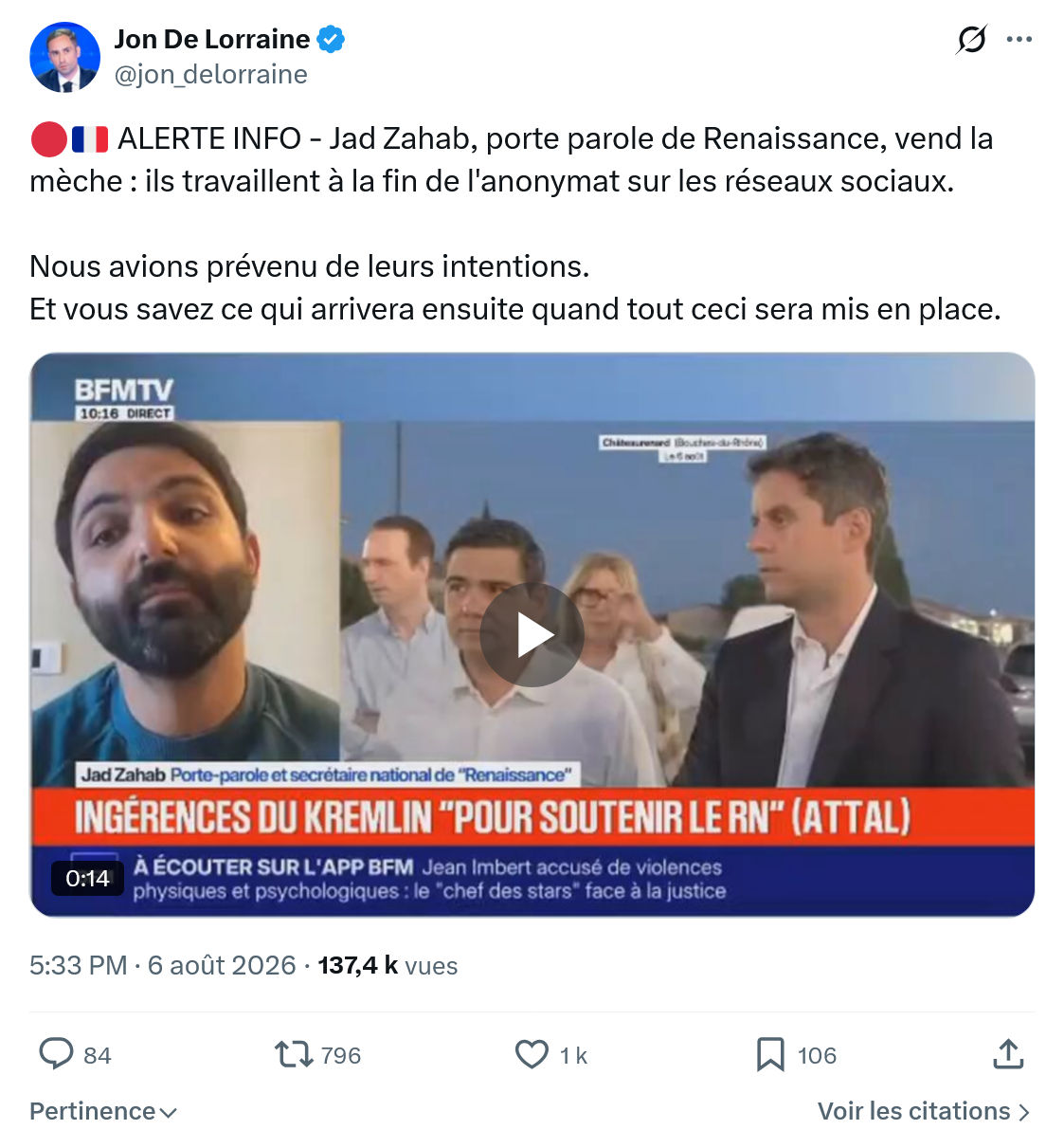 Jon De Lorraine: ALERTE INFO - Jad Zahab, porte parole de Renaissance...