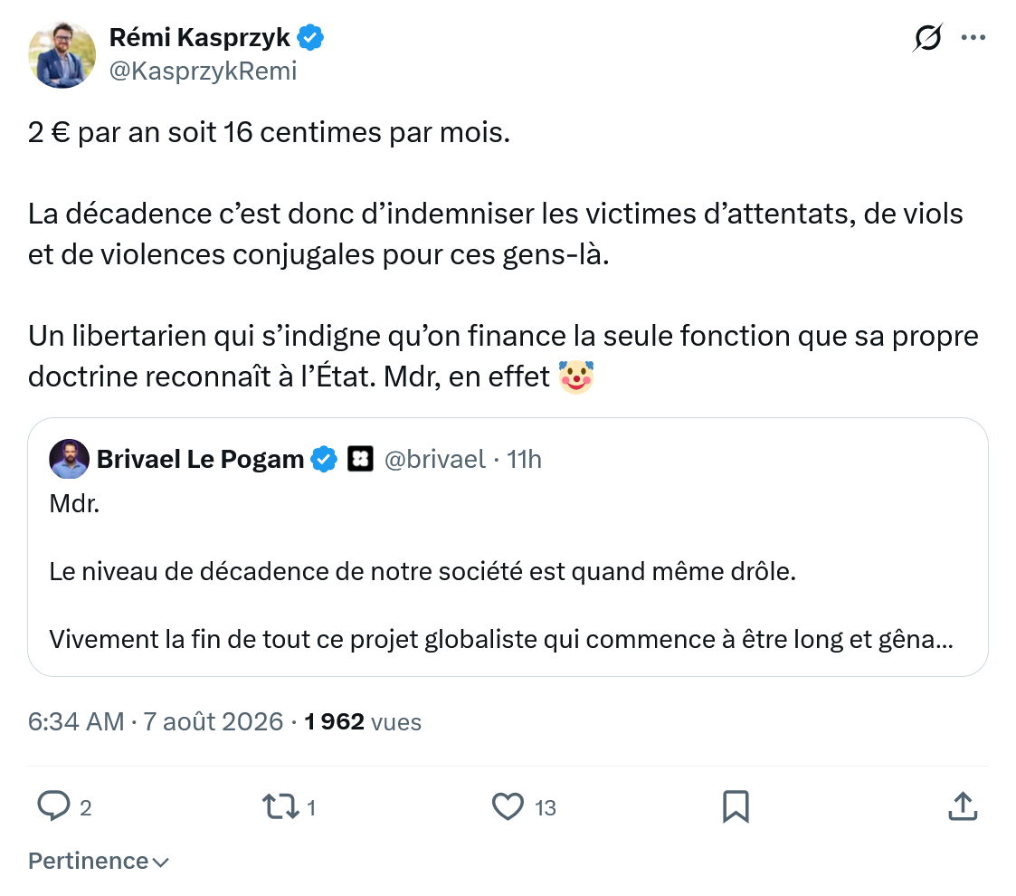 Rémi Kasprzyk: 2 € par an soit 16 centimes par mois...