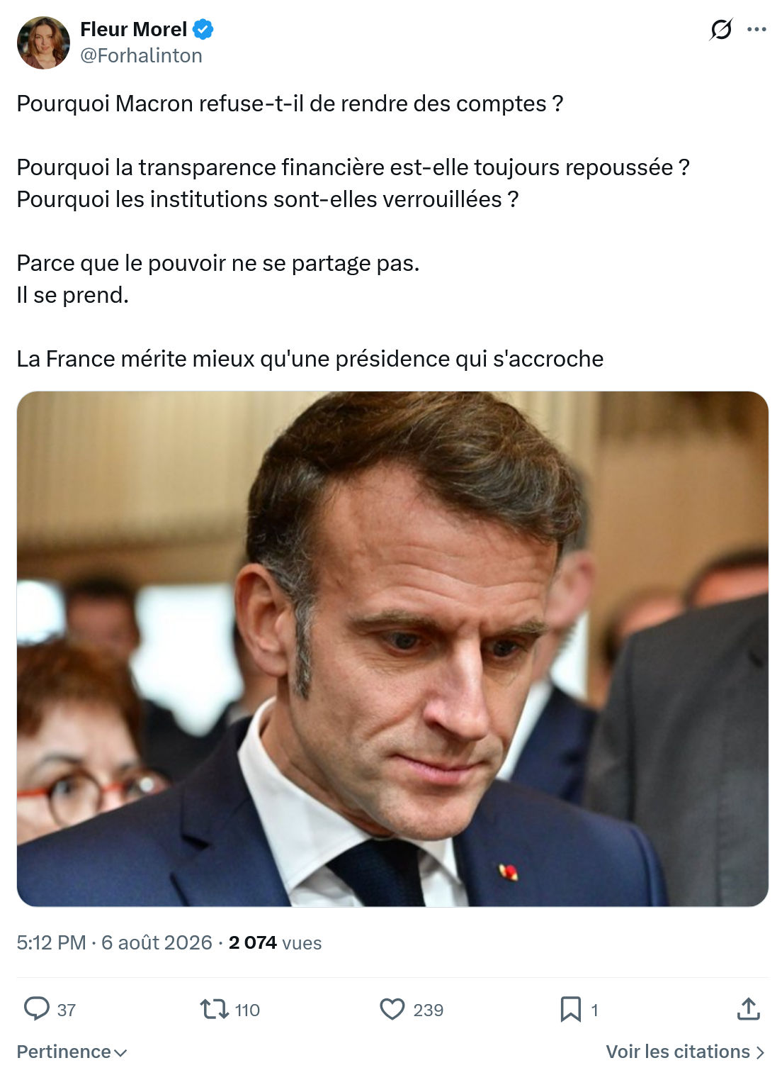 Fleur Morel: Pourquoi Macron refuse-t-il de rendre des comptes...