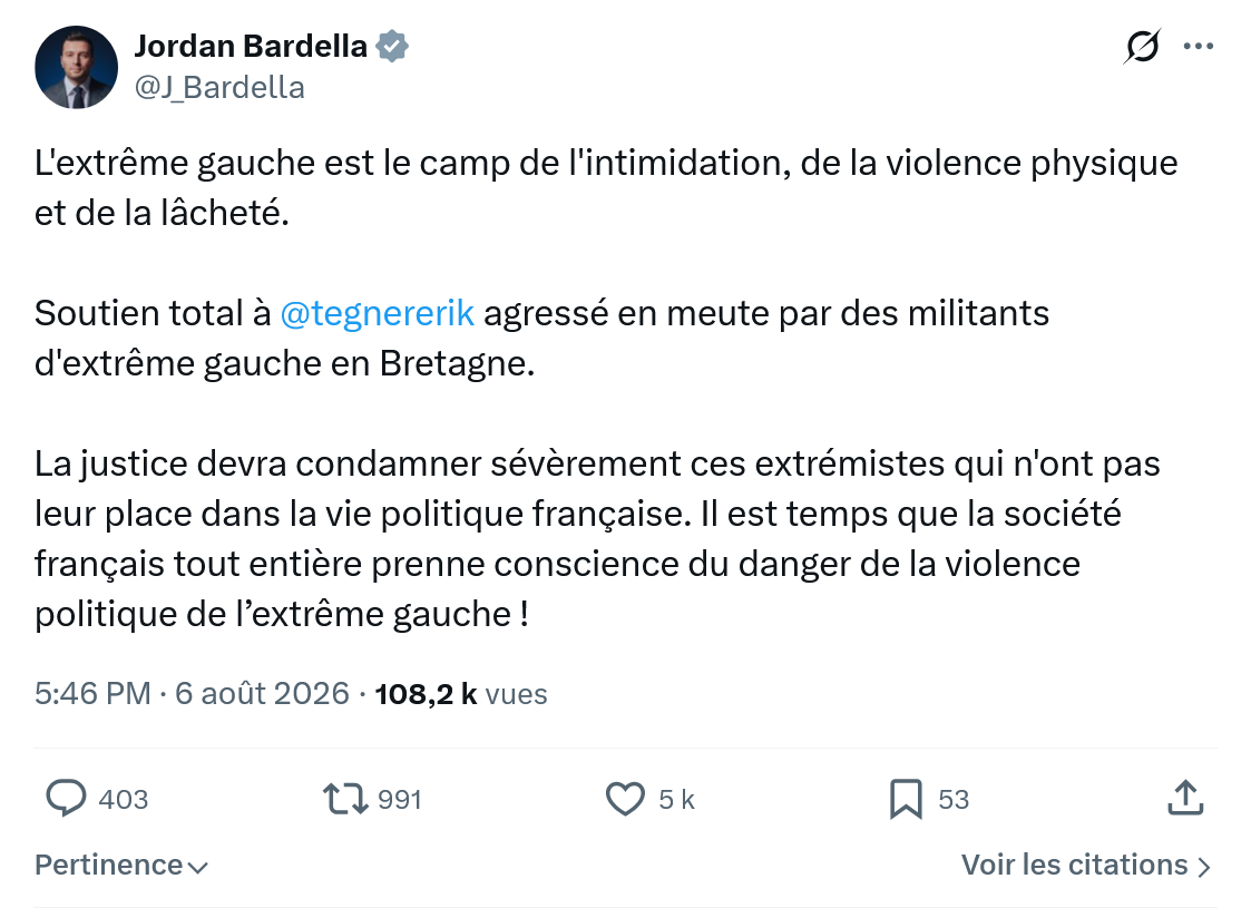 Jordan Bardella: L'extrême gauche est le camp...