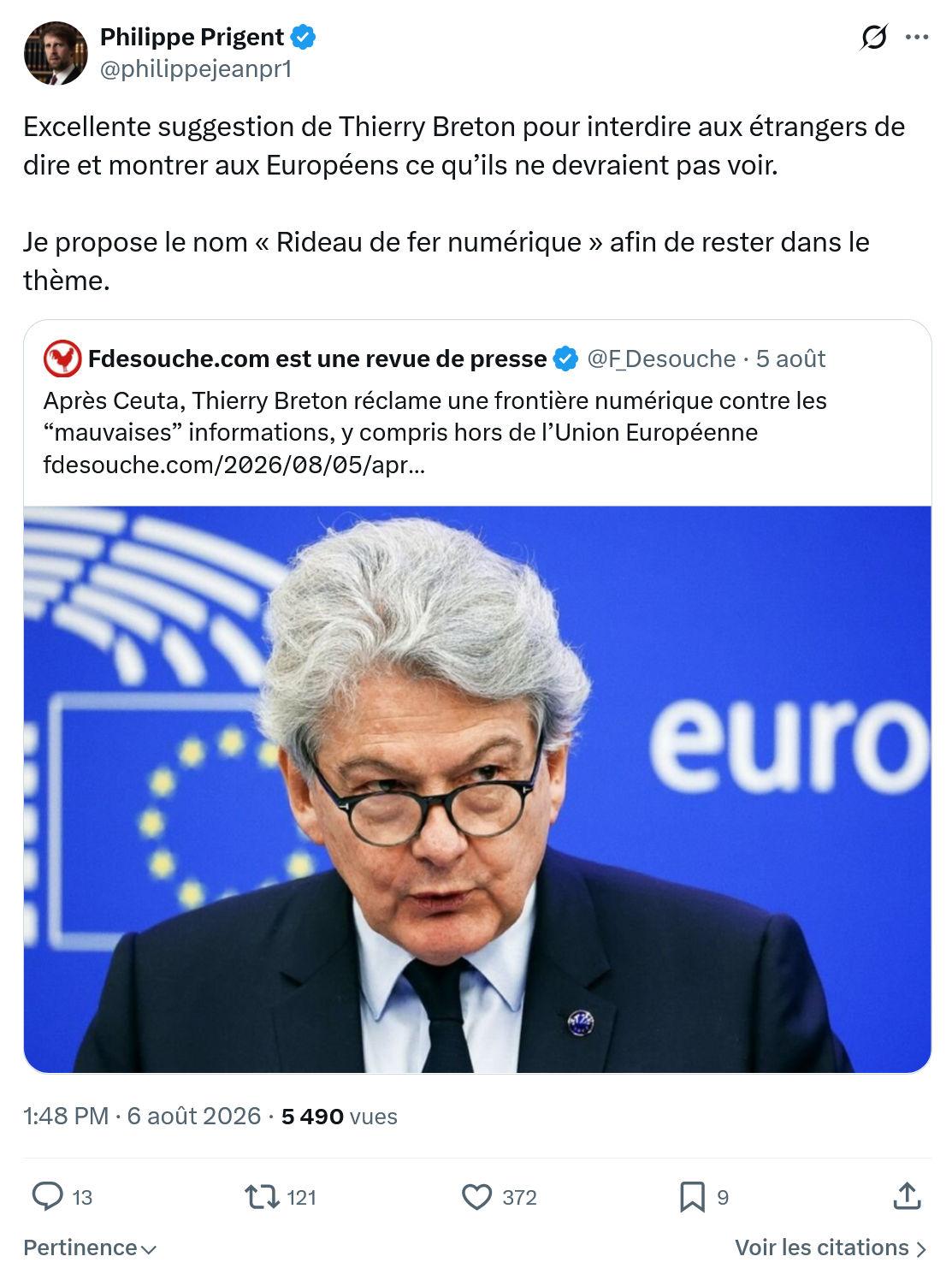 Philippe Prigent: Excellente suggestion de Thierry Breton...