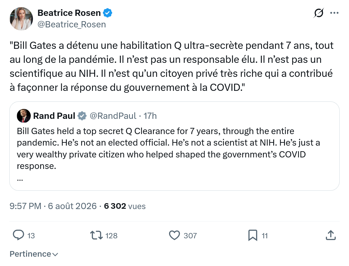 Béatrice Rosen: Bill Gates a détenu une habilitation...