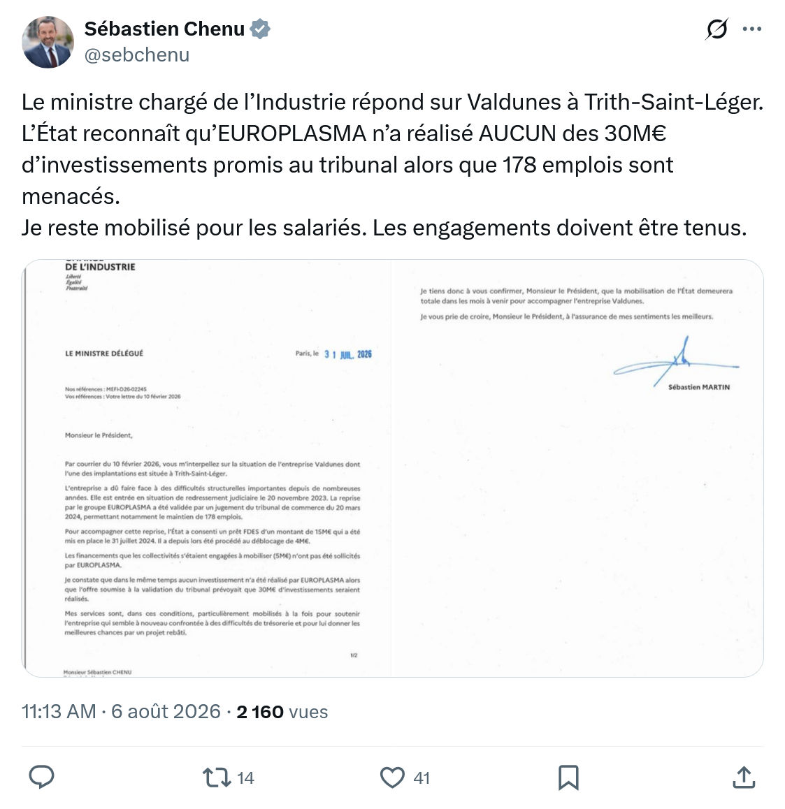 Sébastien Chenu: Le ministre chargé de l’Industrie...