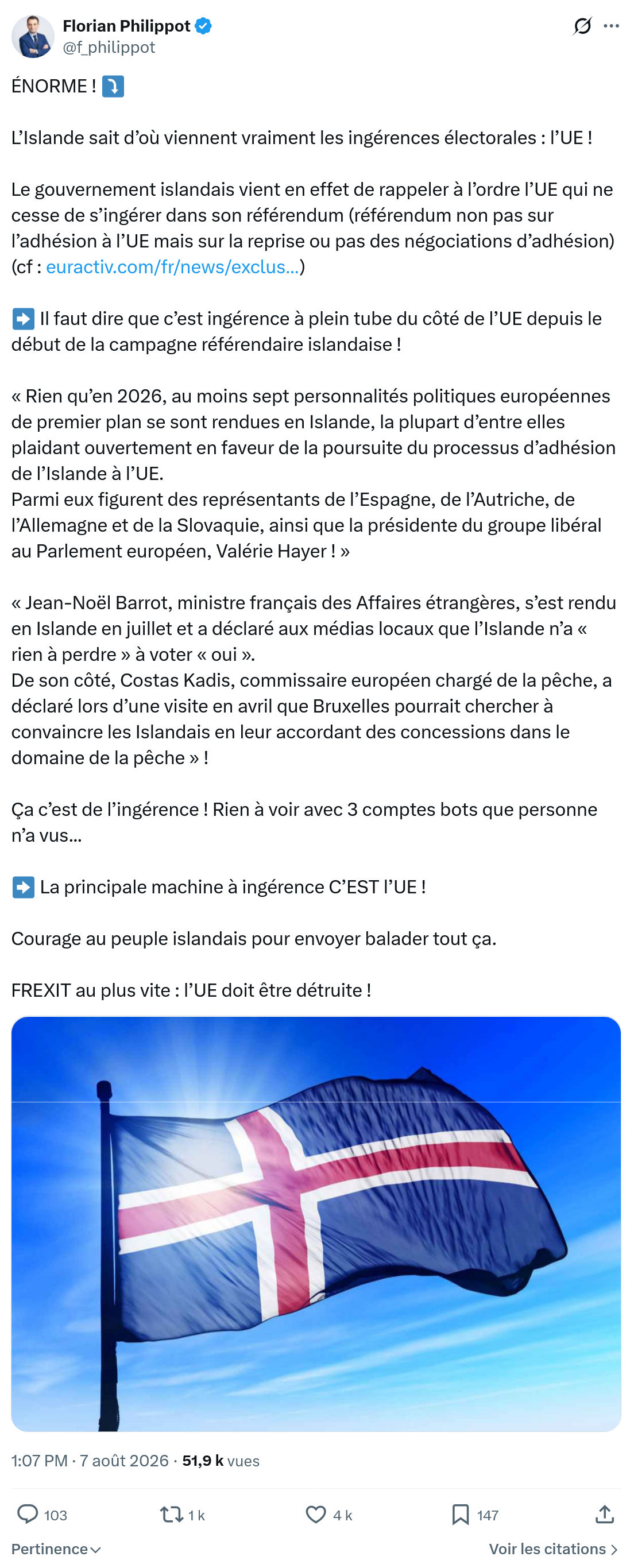 Florian Philippot: L’Islande sait d’où viennent...
