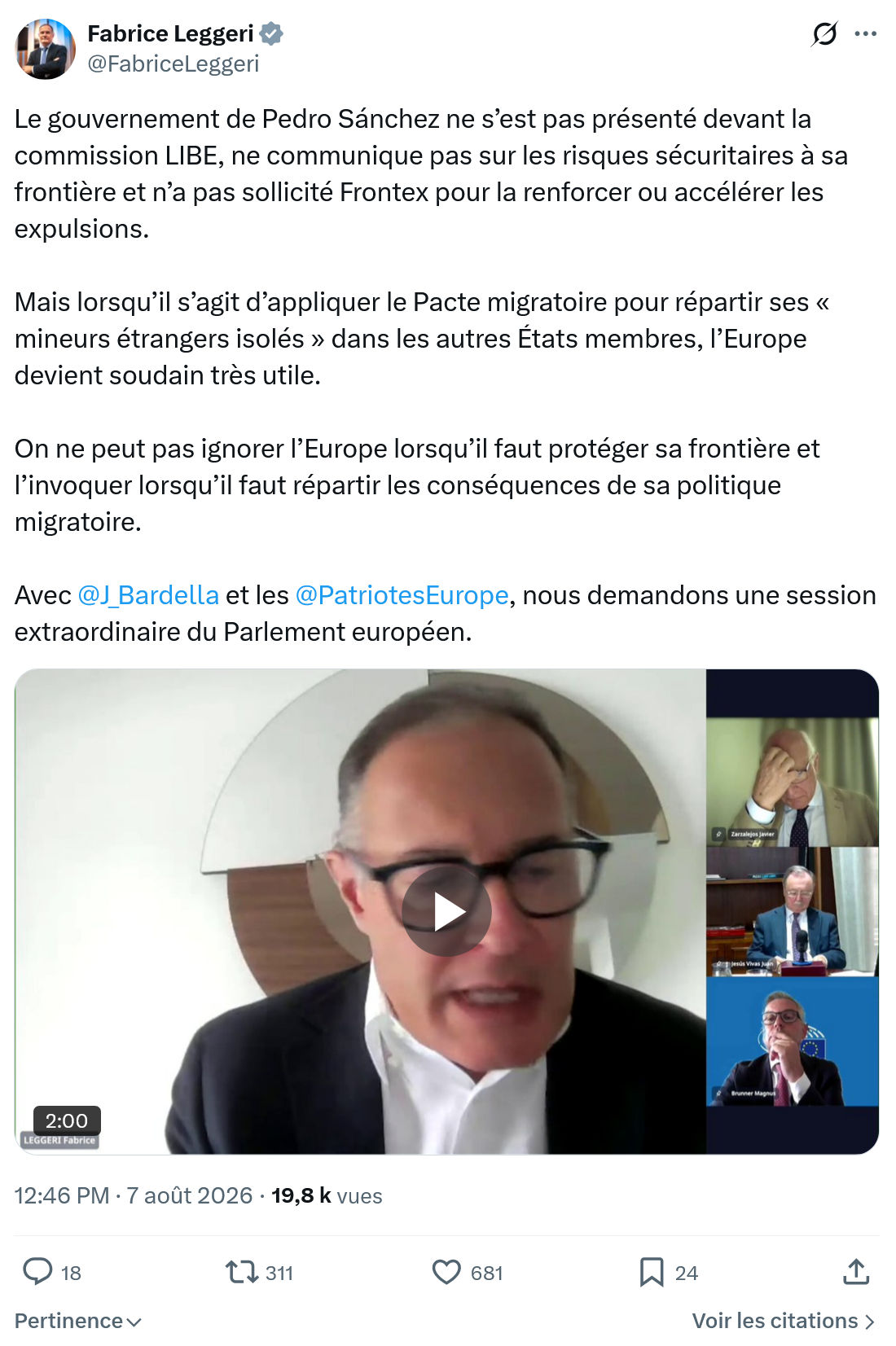 Fabrice Leggeri: Le gouvernement de Pedro Sánchez...