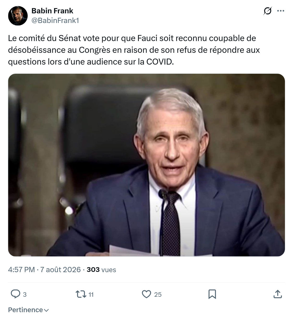 Frank Babin: Le comité du Sénat vote pour que Fauci...