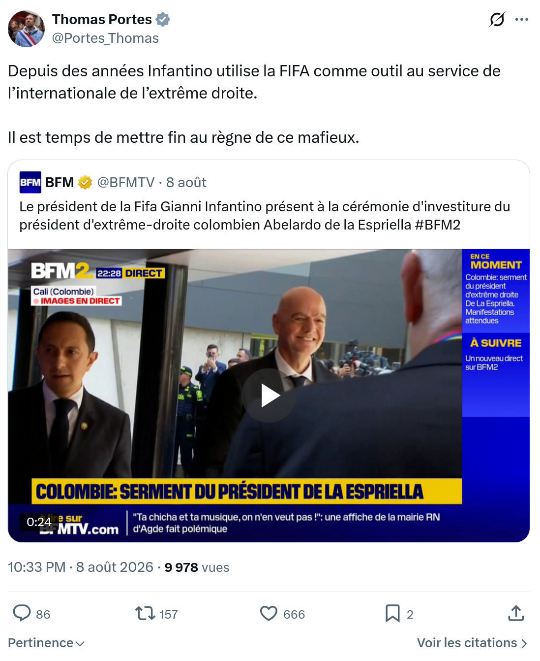 Thomas Portes: Depuis des années Infantino...