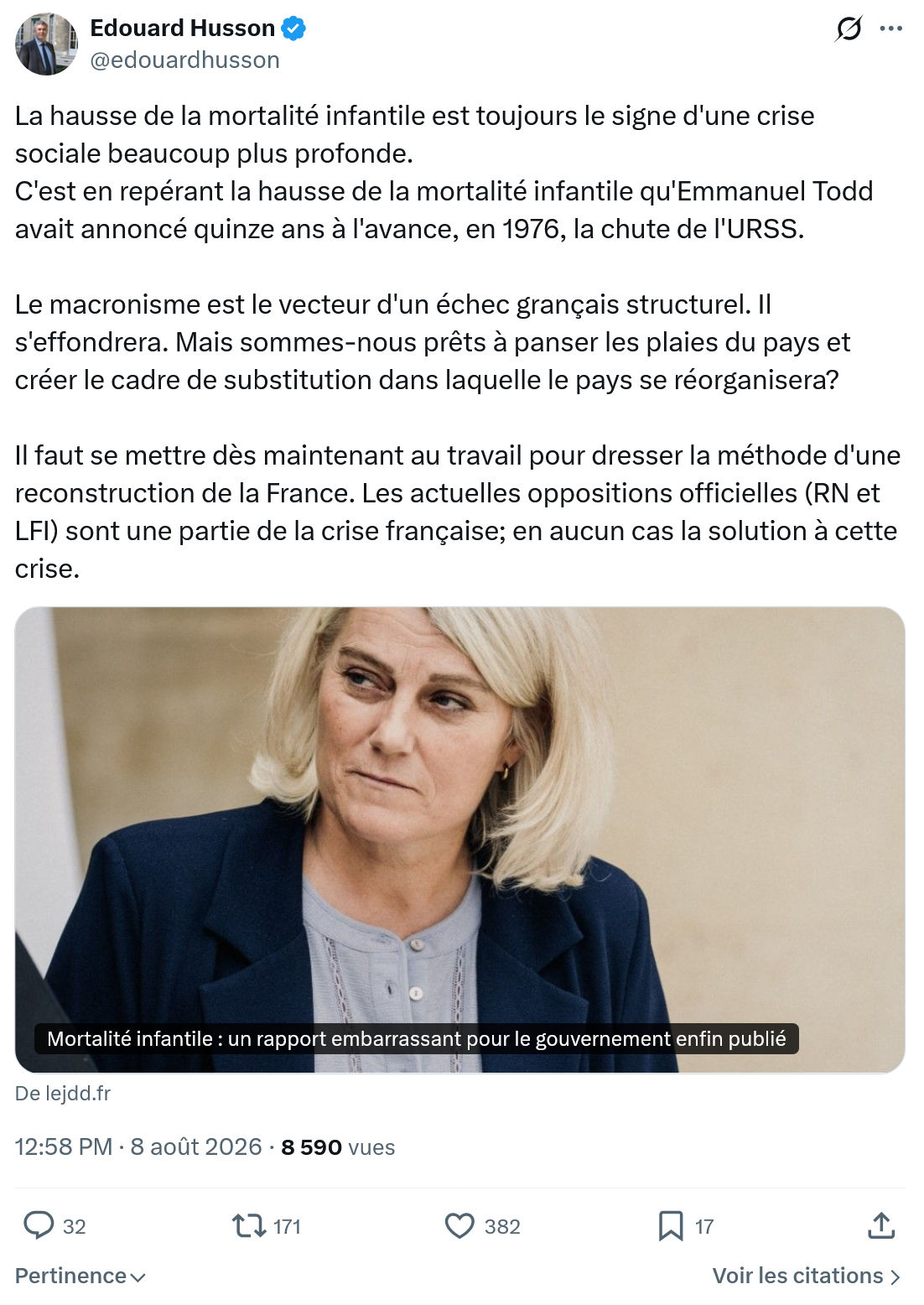 Édouard Husson: La hausse de la mortalité infantile...