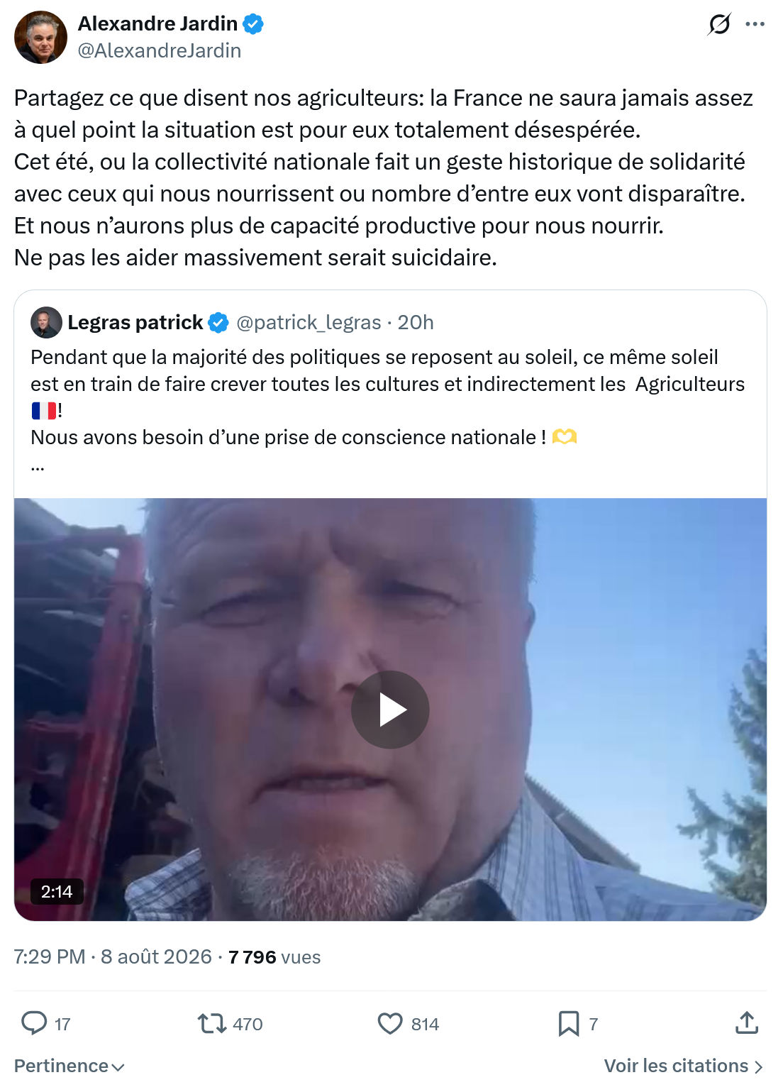 Alexandre Jardin: Partagez ce que disent nos agriculteurs...