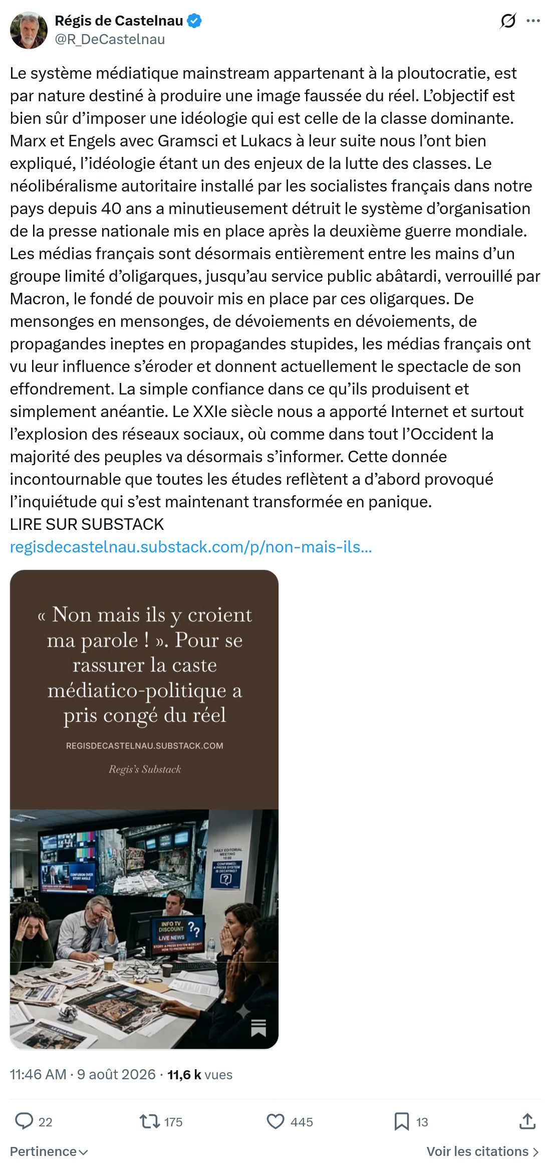 Régis de Castelnau: Le système médiatique mainstream...