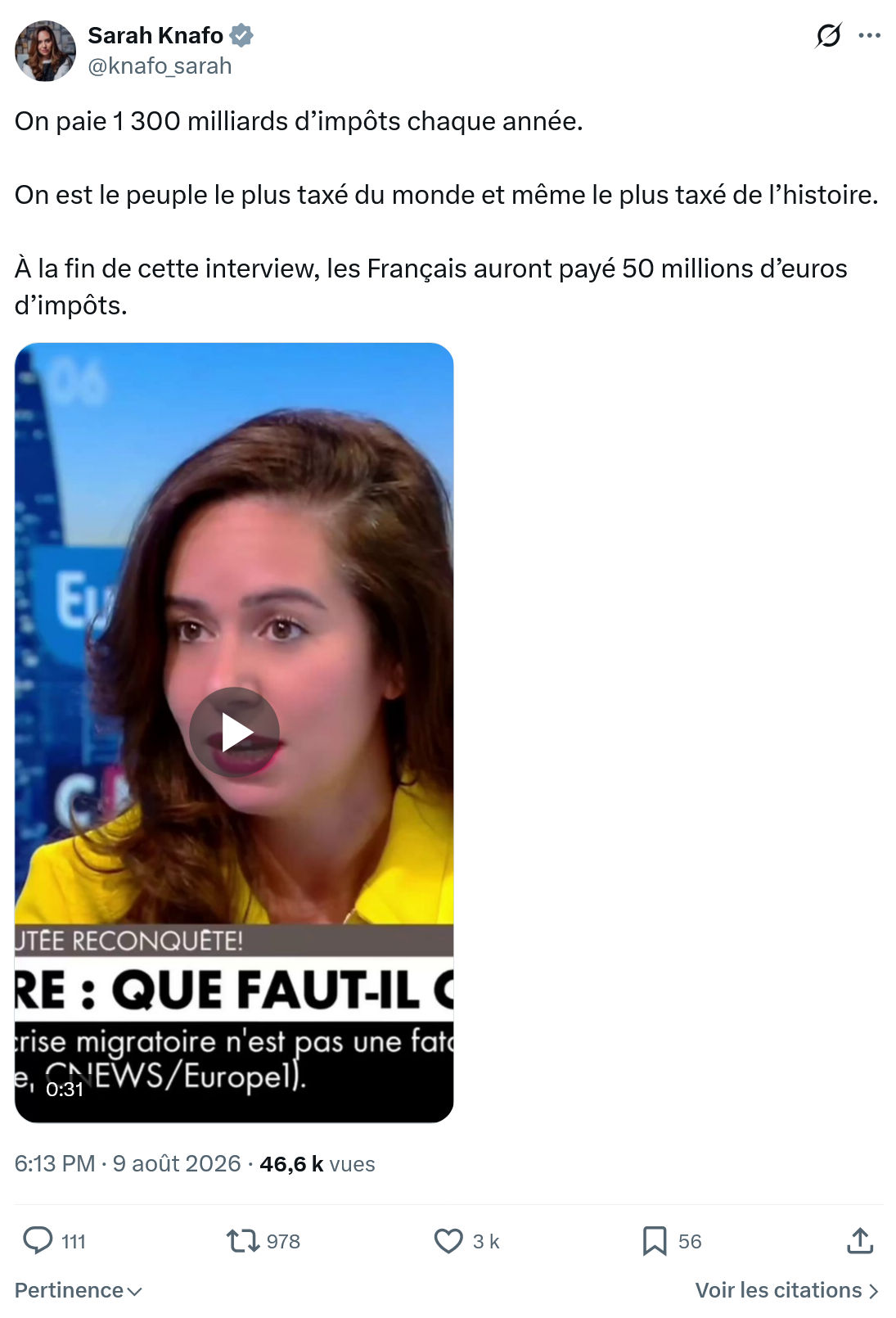 Sarah Knafo: On paie 1 300 milliards d’impôts...