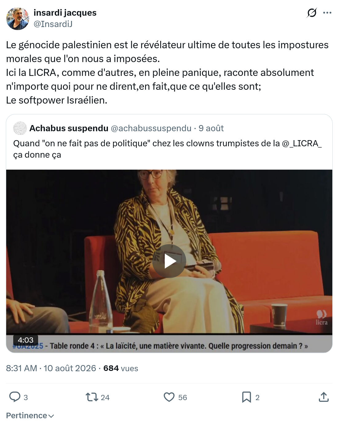 Insardi Jacques: Le génocide palestinien est le révélateur...