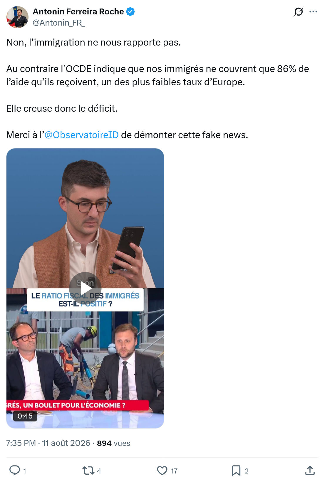 Antonin Ferreira Roche: Non, l’immigration ne nous rapporte pas...