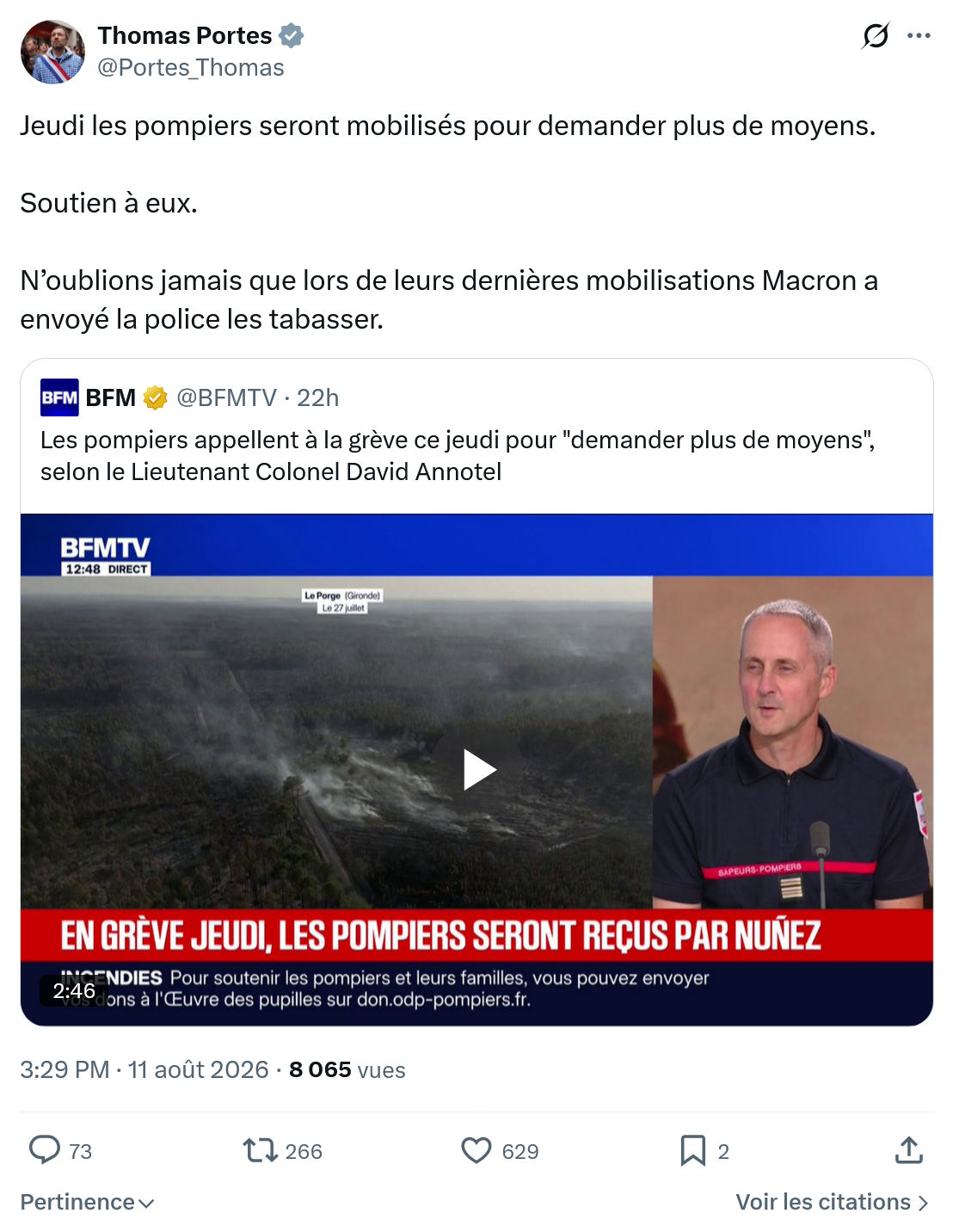 Thomas Portes: Jeudi les pompiers seront mobilisés...