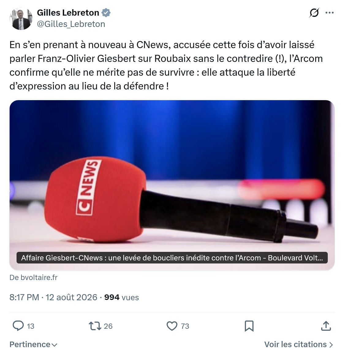 Gilles Lebreton: En s’en prenant à nouveau à CNews...