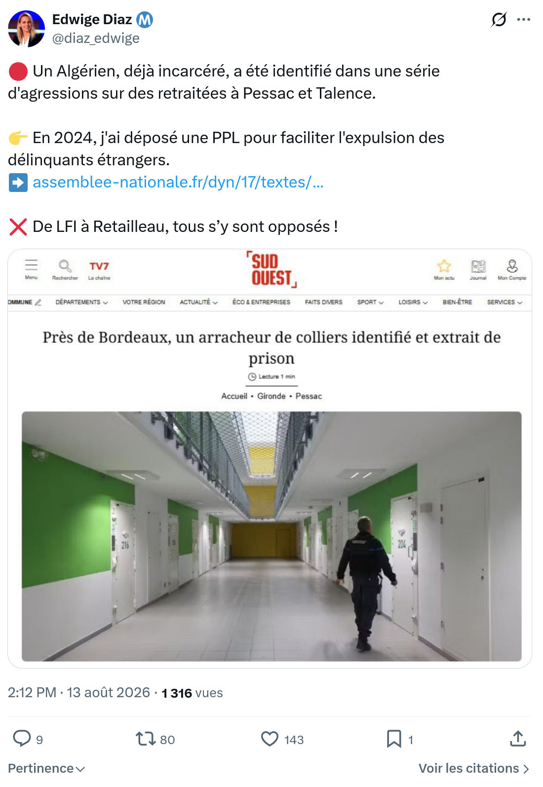Edwige Diaz: Un Algérien, déjà incarcéré...
