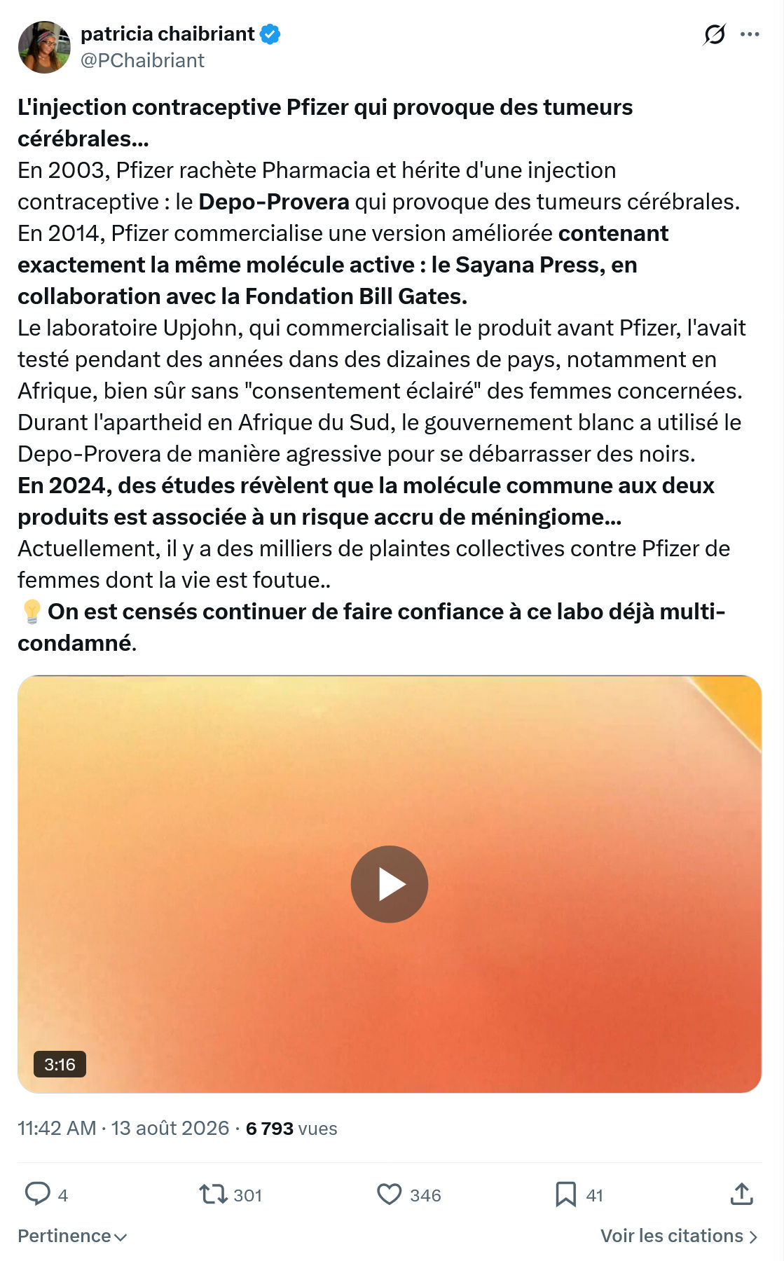 Patricia Chaibriant: L'injection contraceptive Pfizer...