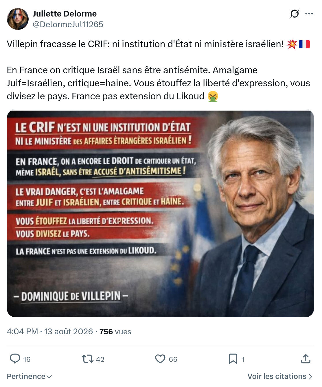 Juliette Delorme: Villepin fracasse le CRIF...