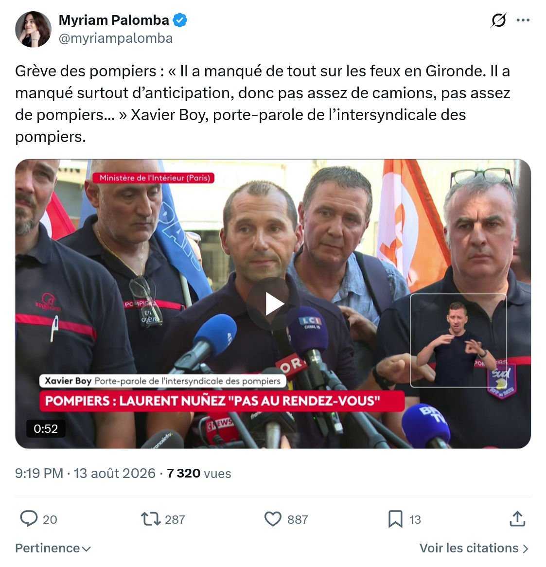 Myriam Palomba: Grève des pompiers...