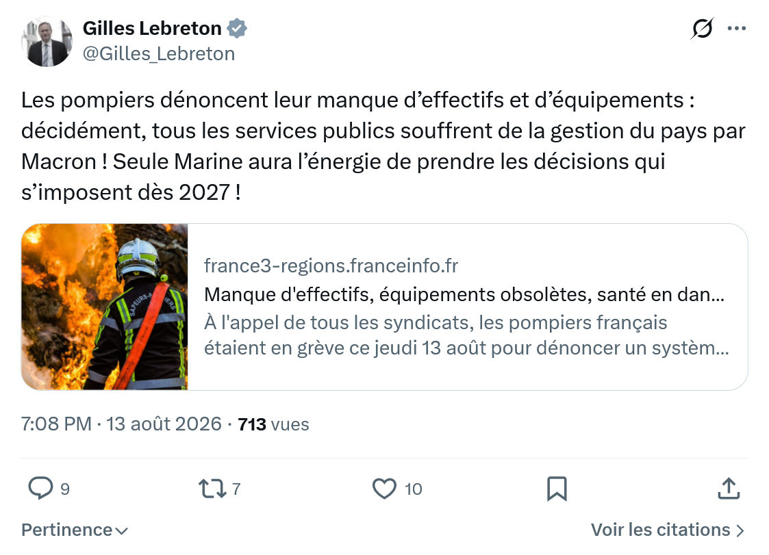 Gilles Lebreton: Les pompiers dénoncent...
