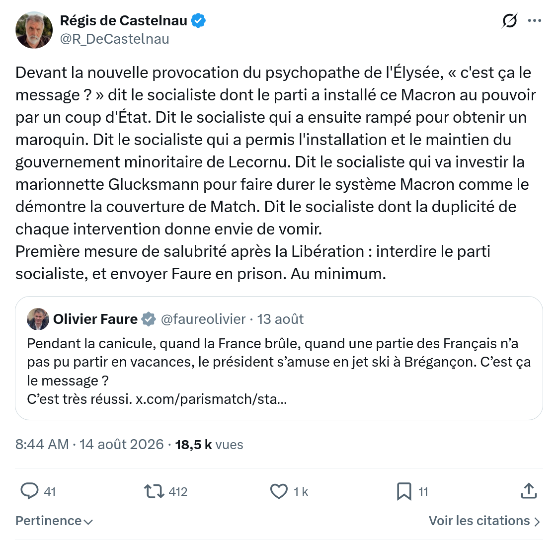 Régis de Castelnau: Devant la nouvelle provocation...