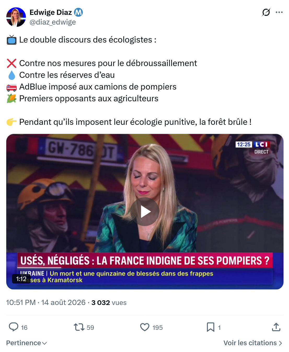 Edwige Diaz: Le double discours des écologistes...