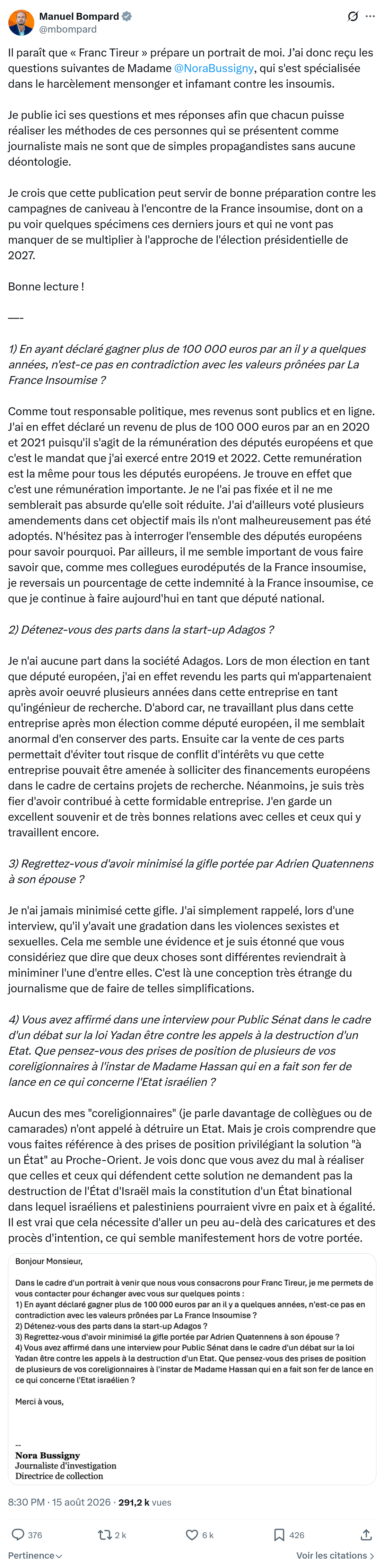 Manuel Bompard: Il paraît que « Franc Tireur » prépare...