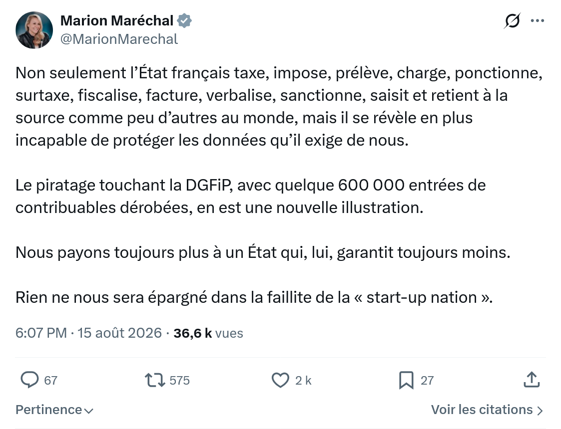 Marion Maréchal- Le Pen: Non seulement l’État français taxe...