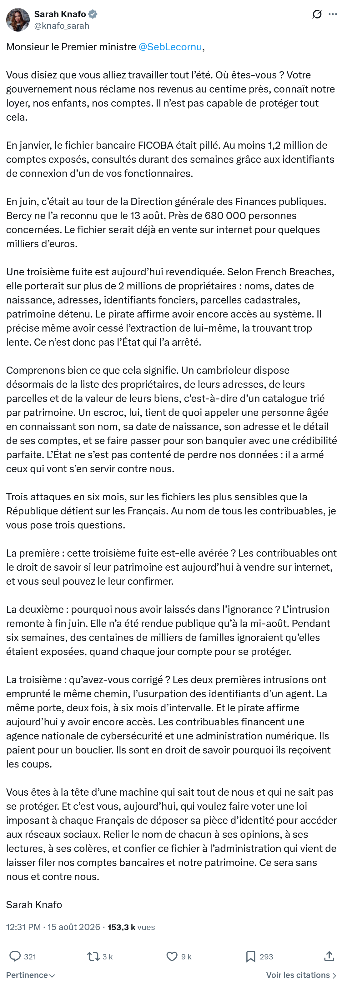 Sarah Knafo: Monsieur le Premier ministre...