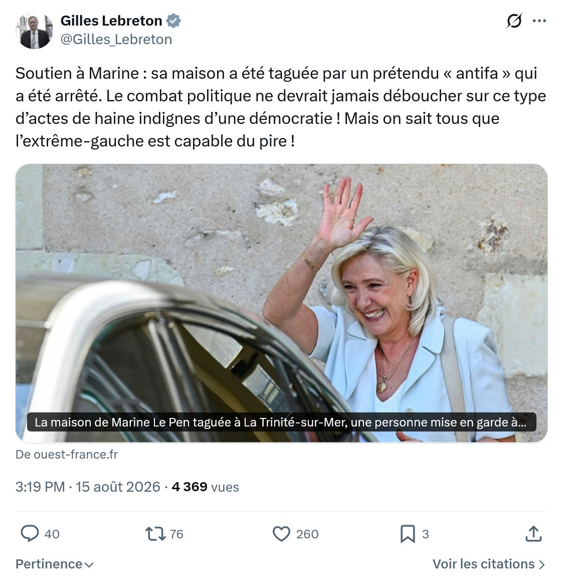 Gilles Lebreton: Soutien à Marine : sa maison a été taguée...