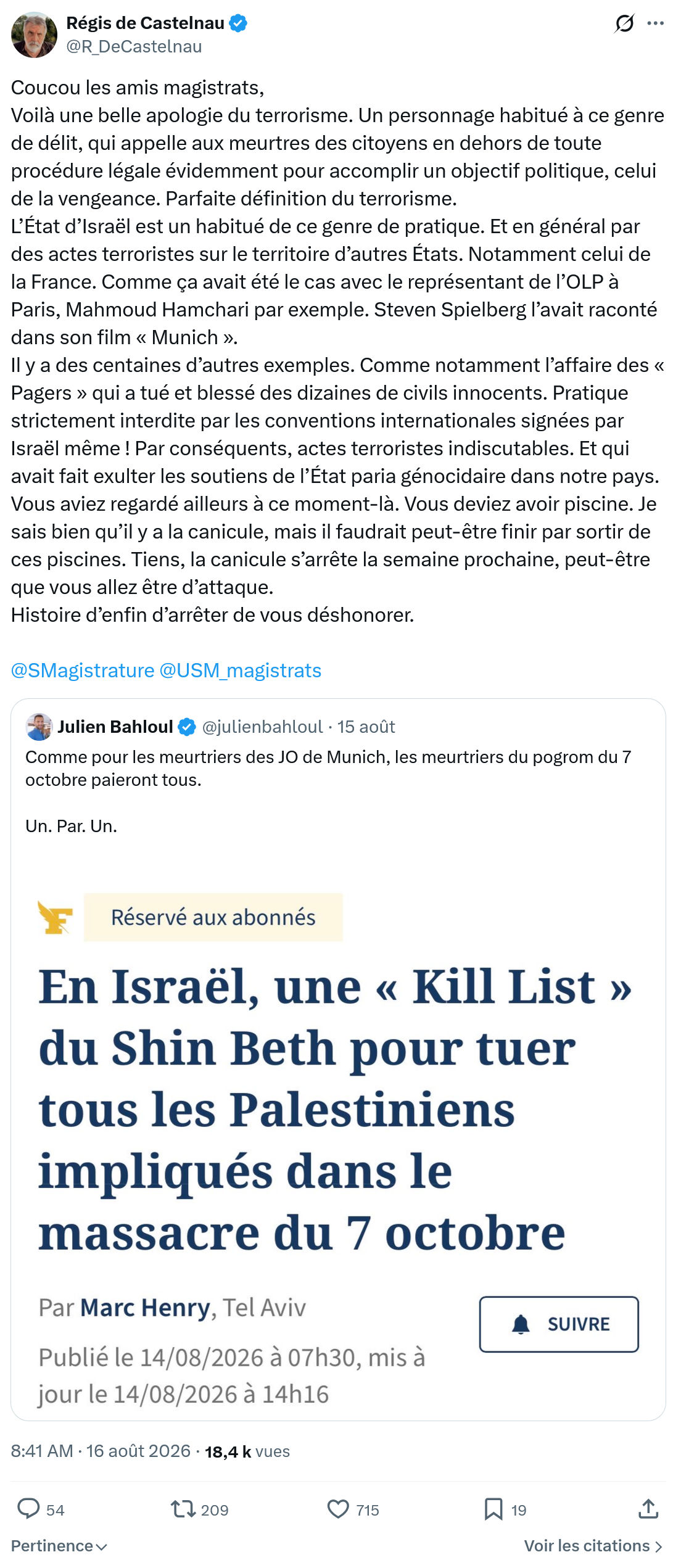 Régis de Castelnau: Coucou les amis magistrats...