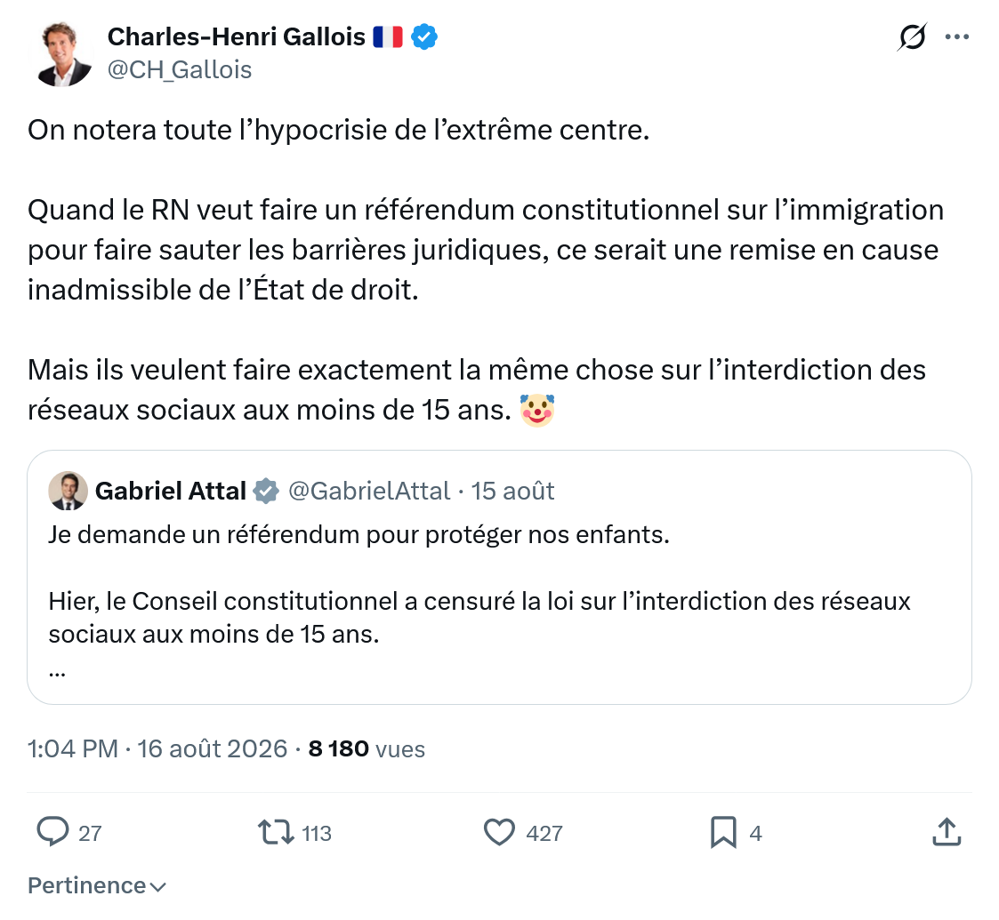 Charles-Henri Gallois: On notera toute l’hypocrisie de l’extrême centre...