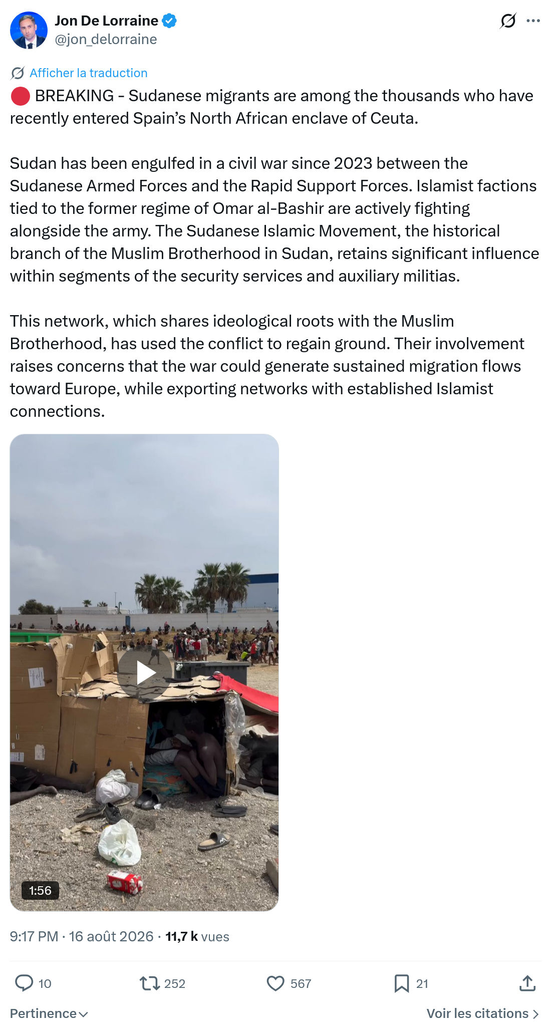 Jon De Lorraine: BREAKING - Sudanese migrants...