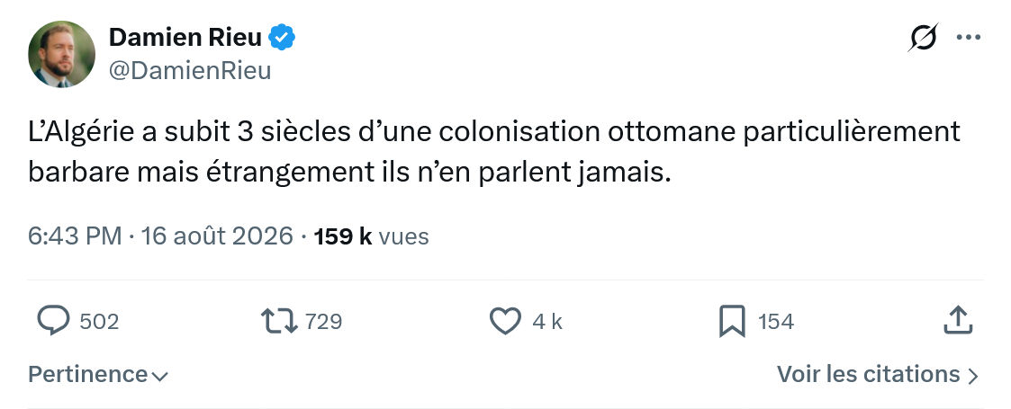 Damien Rieu: L’Algérie a subit 3 siècles...