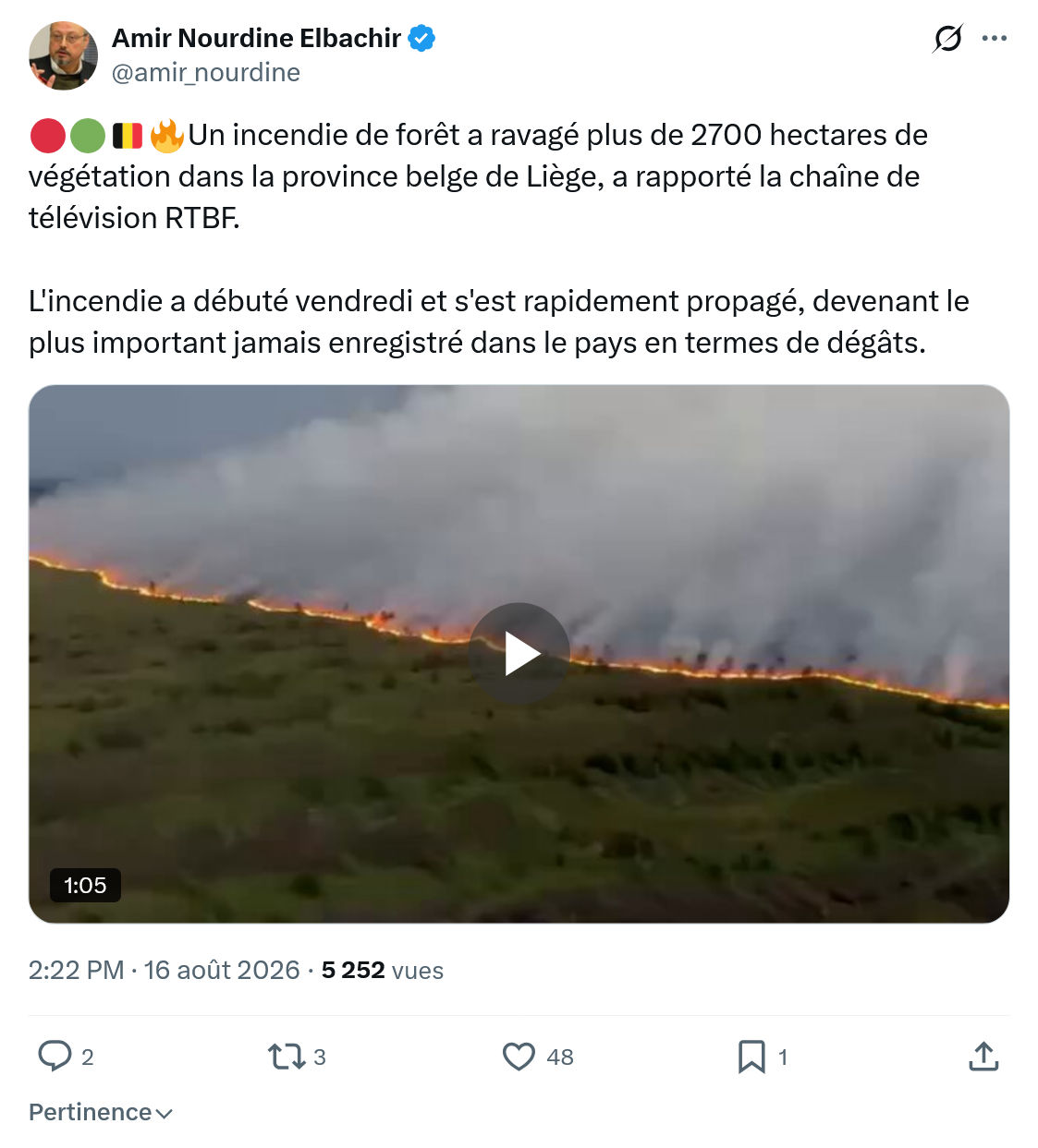 Amir Nourdine Elbachir: Un incendie de forêt a ravagé...