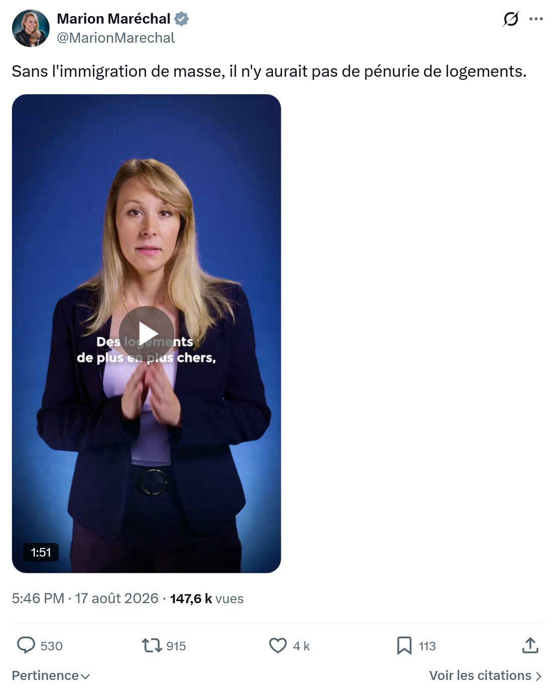 Marion Maréchal- Le Pen: Sans l'immigration de masse...