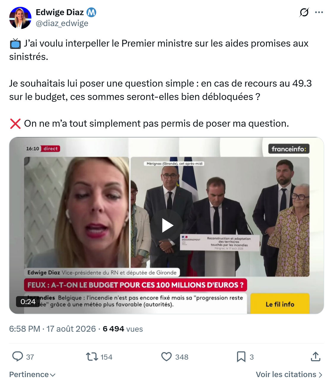 Edwige Diaz:  J’ai voulu interpeller le Premier...
