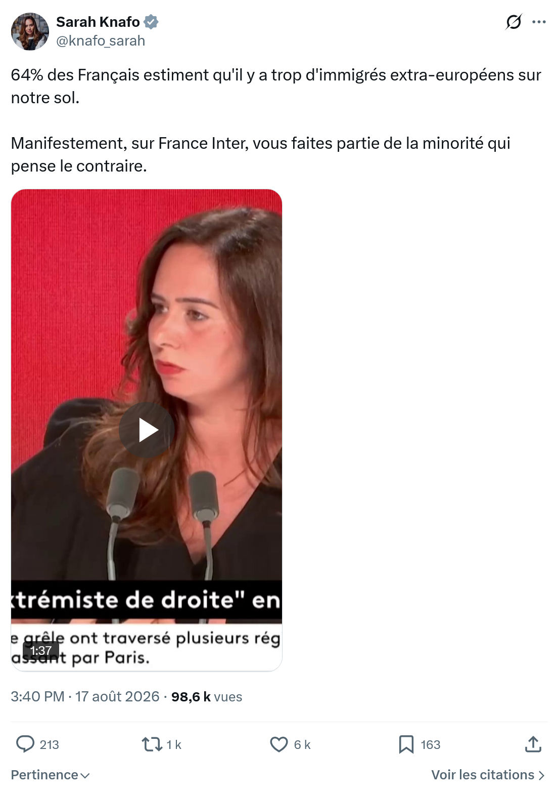 Sarah Knafo: 64% des Français estiment...