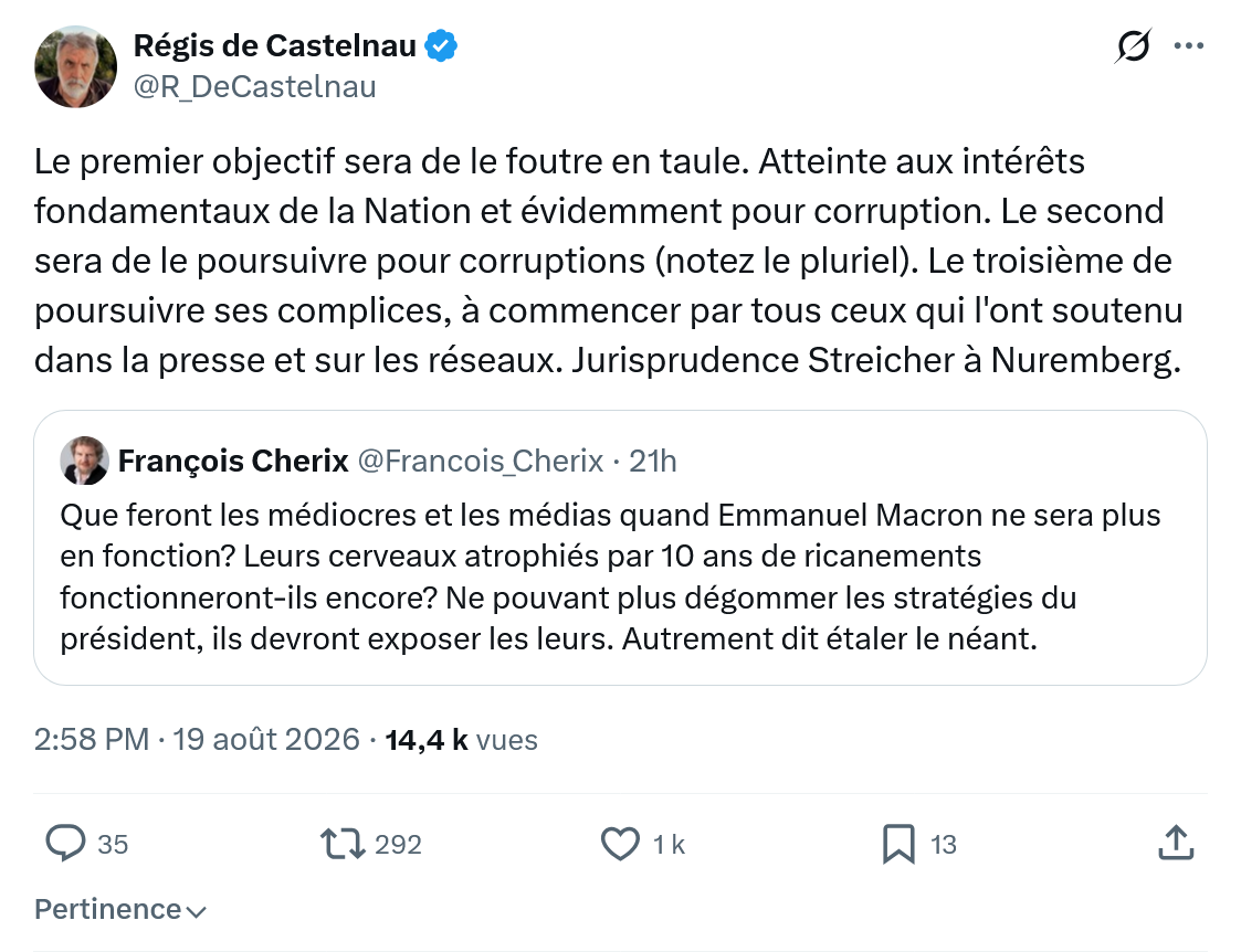 Régis de Castelnau: Le premier objectif sera de le foutre...