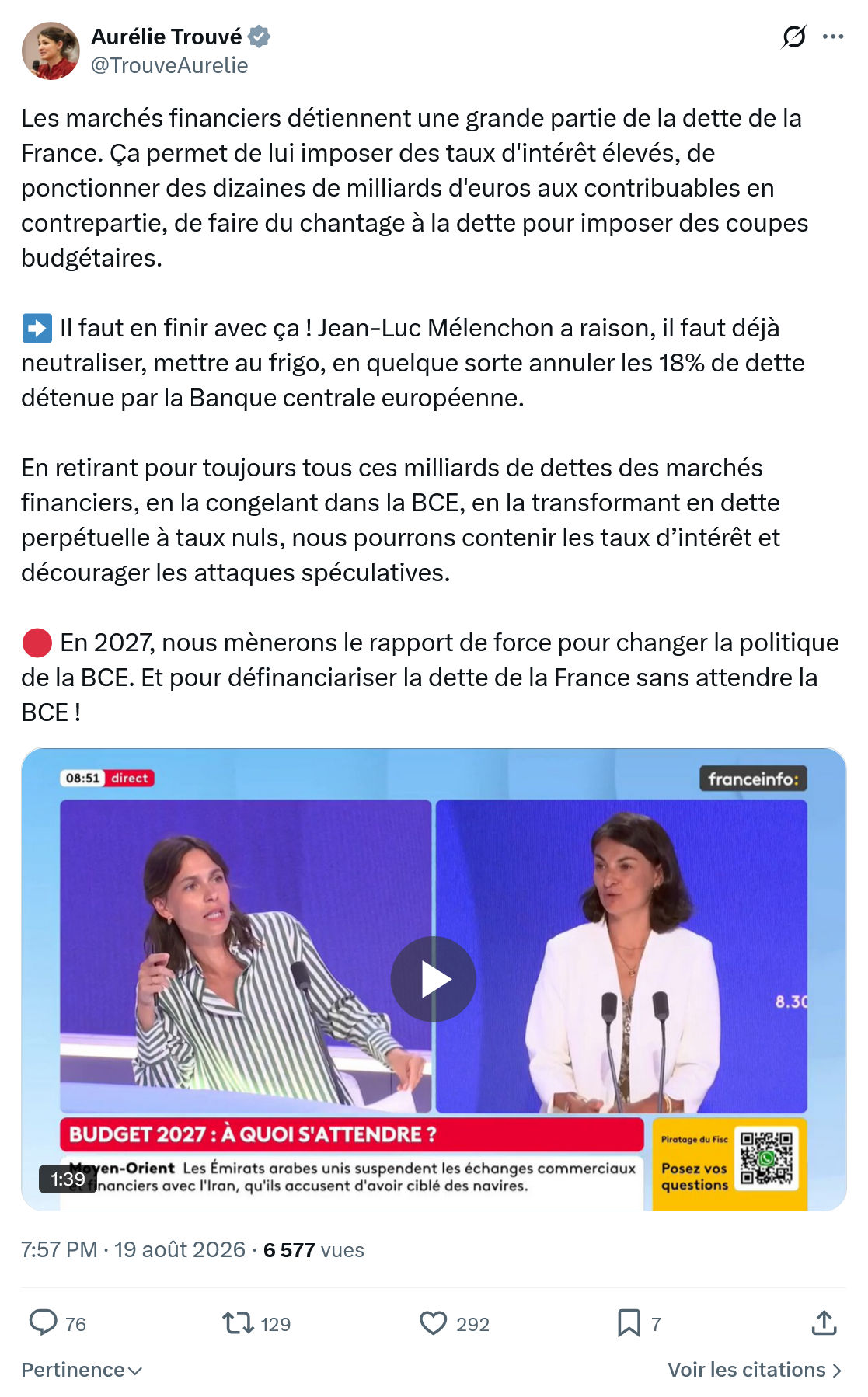 Aurélie Trouvé: Les marchés financiers détiennent...