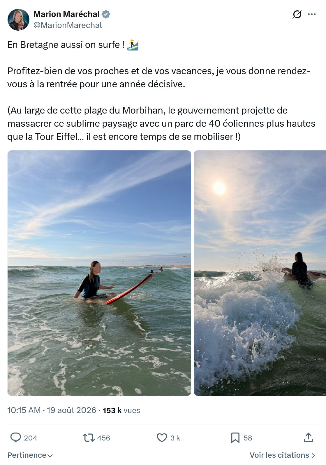 Marion Maréchal- Le Pen: En Bretagne aussi on surfe...