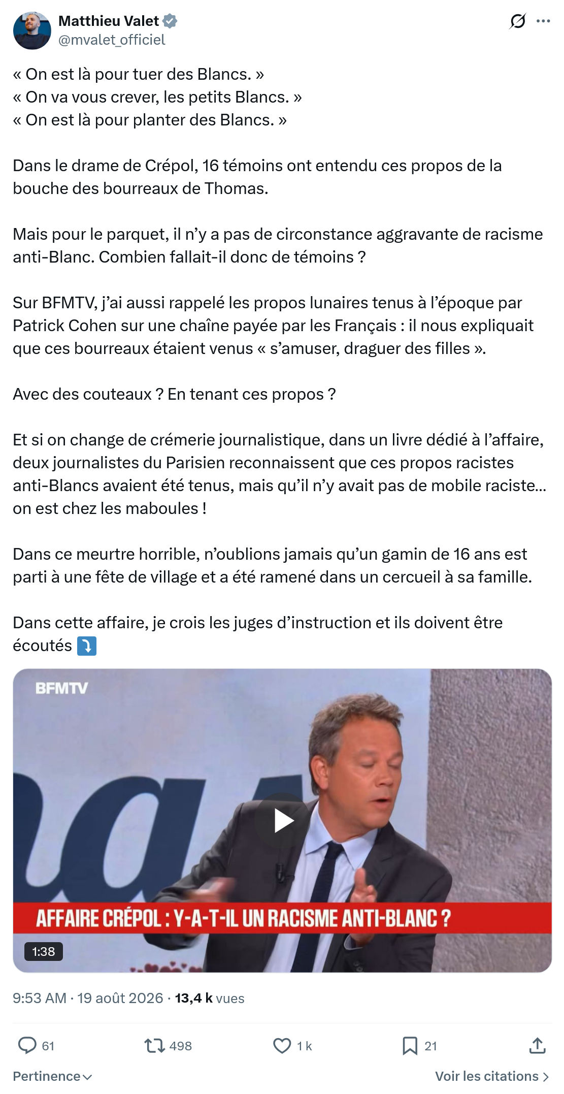 Matthieu Valet: « On est là pour tuer des Blancs. »...