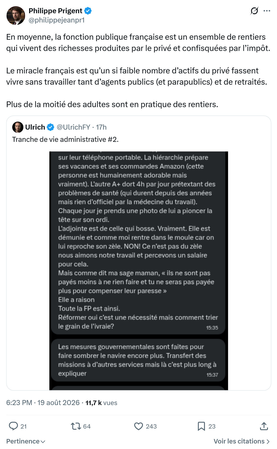 Philippe Prigent: En moyenne, la fonction publique française...